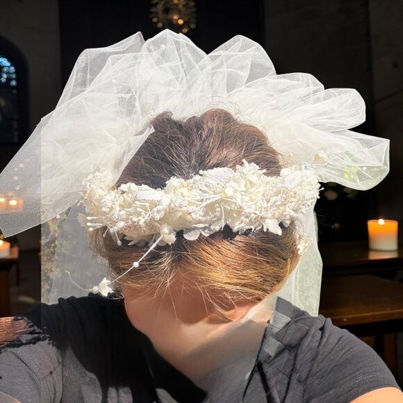 Handmade White Floral Bridal Veil With Pearl Embellishments Lace Crown & Tulle L main image 4